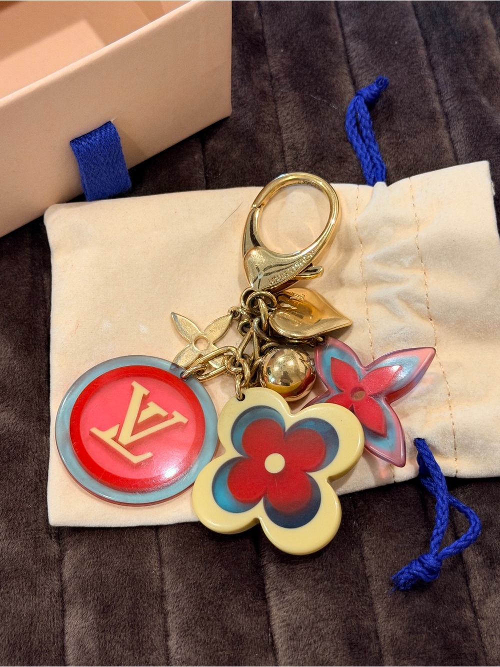 Louis Vuitton Red, Blue and Cream Floral Logo Key & Bag Charm with Gold Hardware